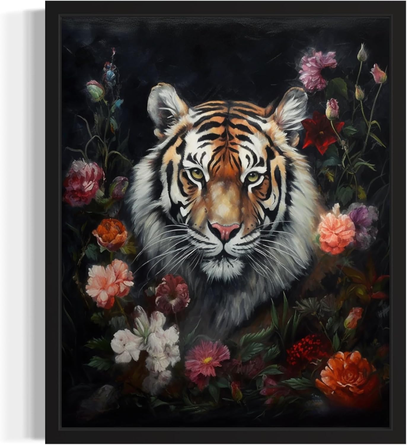 Tiger and Flower Poster Art Print, Halloween Scary Vintage Wall Art Academia Spooky Painting Decoration for Horror Prints, Gothic Posters Bedroom Decor 89 (Tiger and Flower, 16 x 20 inches, Black Frame)