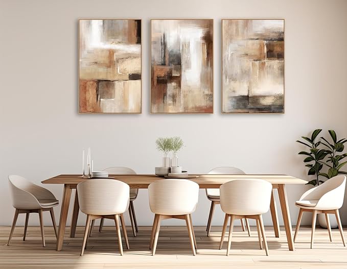 Large Framed Canvas Wall Art - Natural Float Framed Brown Abstract Picturtes for Living Room Decor Brown Abstract Painting Artwork Prints for Bedroom Kitchen Home Office Decor 96" X 48" Set of 3