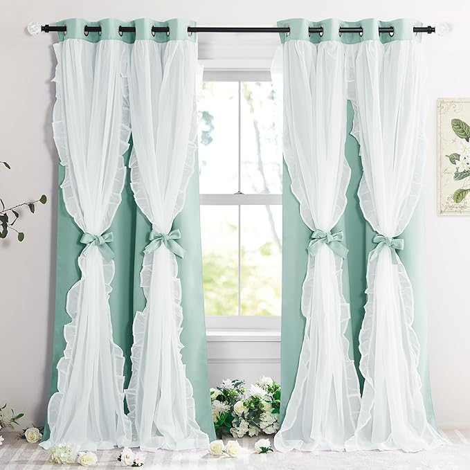 PONY DANCE Blackout Curtains for Living Room Decor Window Treatment Double Layer Drapes Ruffle Sheer Overlay Farmhouse Rustic Design, W 52 x L 84 Inches, Mint Green, 2 Panels