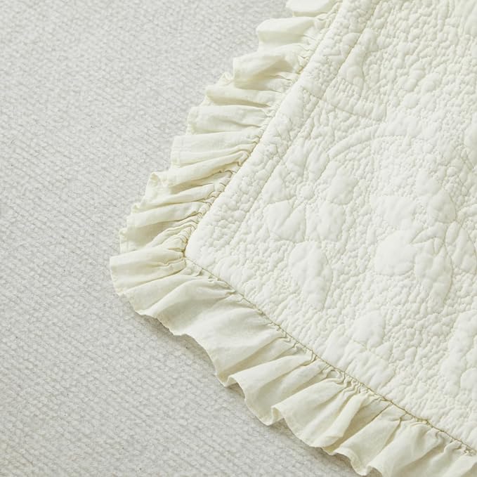 Brandream Cream Yellow White Ruffle Quilted Throw Blanket Cotton Throws for Bed Couch Daybed 47 X 60 Inch Decorative Blankets