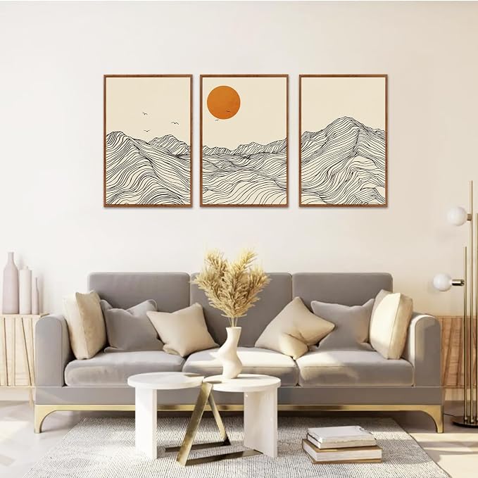 LHIUEM Abstract Wave Line Mountain Framed Canvas Wall Art,Boho Sun Wall Decor,Minimalist Beige Artwork for Living Room,Bedroom,Dining Room,Office -16"x24"x3