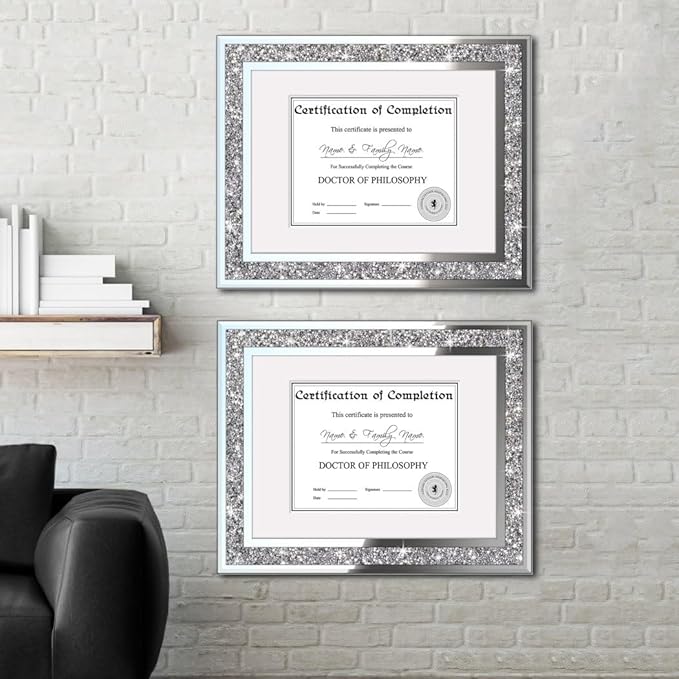 ALLartonly Mirror Photo Frame 12x16inch Mat To 8.5x11” 2 Pack, Crushed Diamond Bling Boarder, Crystal Glass Front , Wedding Picture Poster Frame, Diploma Frames Wall Certificate Document Frame.