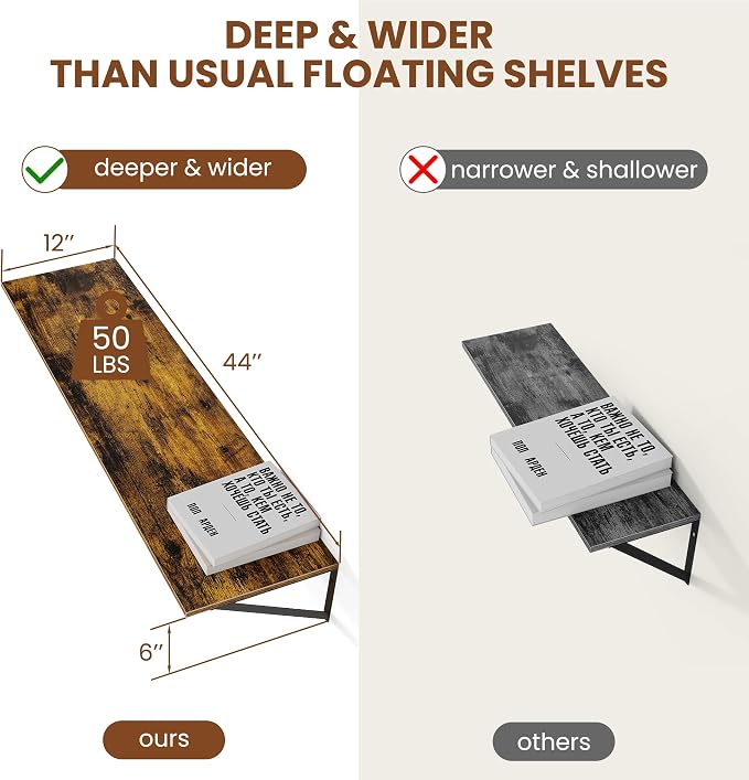 Heimlove Deep Floating Shelves for Wall, 44W x 12D Wood Wall Shelves Set of 2, Wide Floating Bookshelf for Living Room, Kitchen, Office, Bedroom and Decor Storage, with Metal Bracket - Rustic Brown