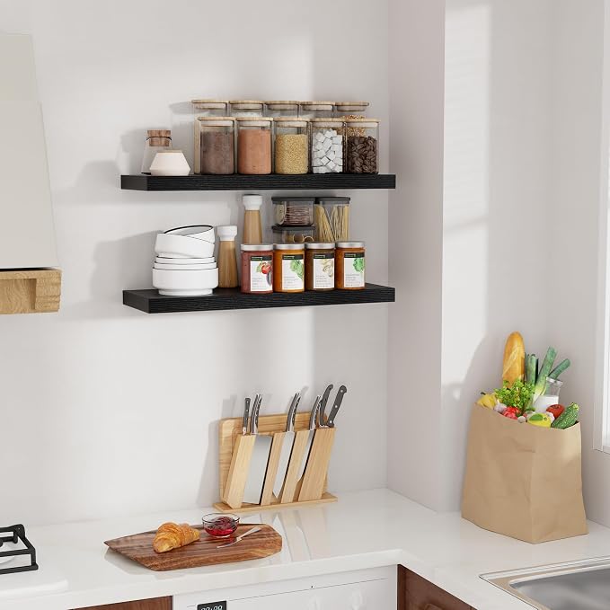 Floating Shelves for Wall, 24 inch Black Floating Shelves, 9.3in Deep Wooden Wall Shelf for Living Room Display Bathroom Book Shelves Laundry Room Storage or Bedroom Kitchen Organizer, 2 Packs