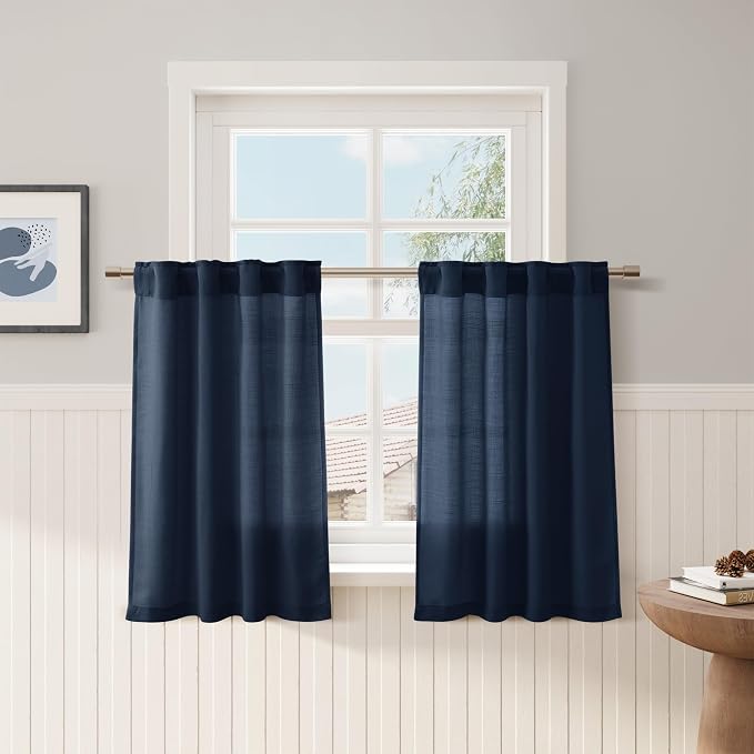 Nanspring Denim Blue Linen Cafe Curtains Linen Kitchen Curtain 24 Inch Length 2 Panels Semi Light Filtering Short Tier Drape with Back Tab Rod Pocket for Small Windows Cafe Bathroom Over Sink 26Wx24L