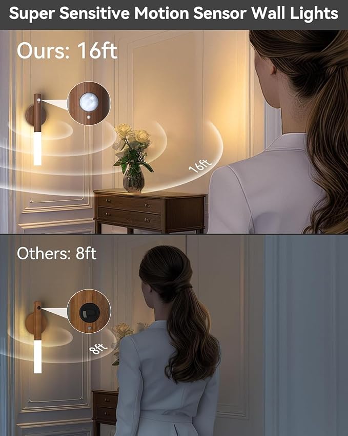 Battery-Operated Motion Sensor Night Lights: 2200mAh Rechargeable Wall Sconces Magnetic Wall Lights Wireless Stairway Lights Portable Hallway Light Wooden Wall Lighting for Bedroom Stair Picture