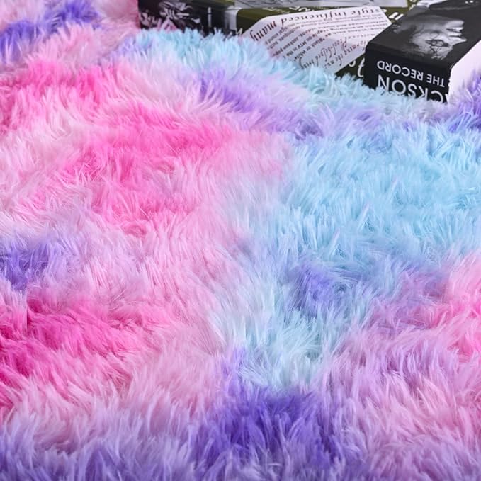 AROGAN Soft Rainbow Area Rugs for Girls Room 2x4 Feet, Fluffy Girls Bedroom Rugs, Princess Rug, Cute Colorful Carpet for Kids Teens Nursery Toddler (Hot Pink)