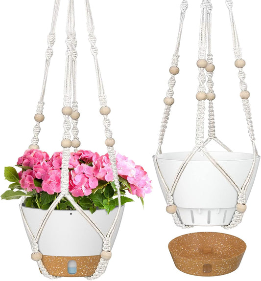 ZMTECH 2 Pack 10 Inch White Hanging Planters with Macrame Plant Hanger for Indoor and Outdoor Plants, Self Watering, Drainage Hole, Visible Level Tray