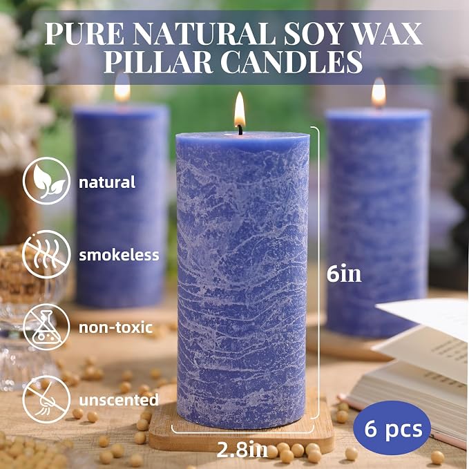 6 Pack Blue Soy Pillar Candles, 2.8x6 in Natural Unscented Soy Wax Candles, 540 H Burn Time, Non-Toxic, Smokeless Dripless Hand-Poured Rustic Pillar Candle for Dinner, Wedding, Home, Bathroom