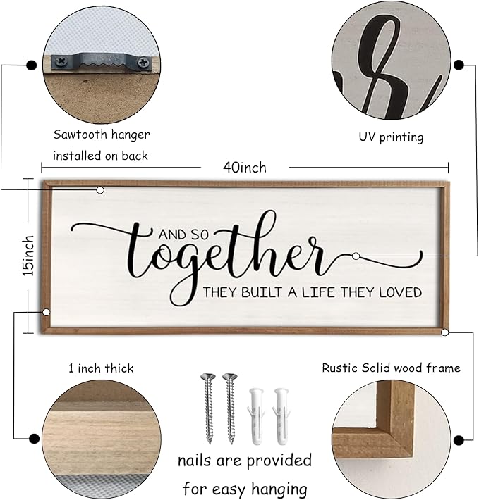 Surfapans And So Together They Built A Life They Loved Wall Decor 40”X15” Large Framed Farmhouse Wood Sign for Bedroom Above Bed Living Room Over Bed Wall Art Modern Hanging Decoration (Wood)