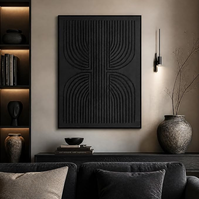 SAFERRYHOME Black Textured Carve Abstract Wall Art, 30"x40" Framed | 3D Textured Carve Framed Wall Decor, Modern Painting Minimalist Geometric Artwork for Home Office, Living Room, Hallway