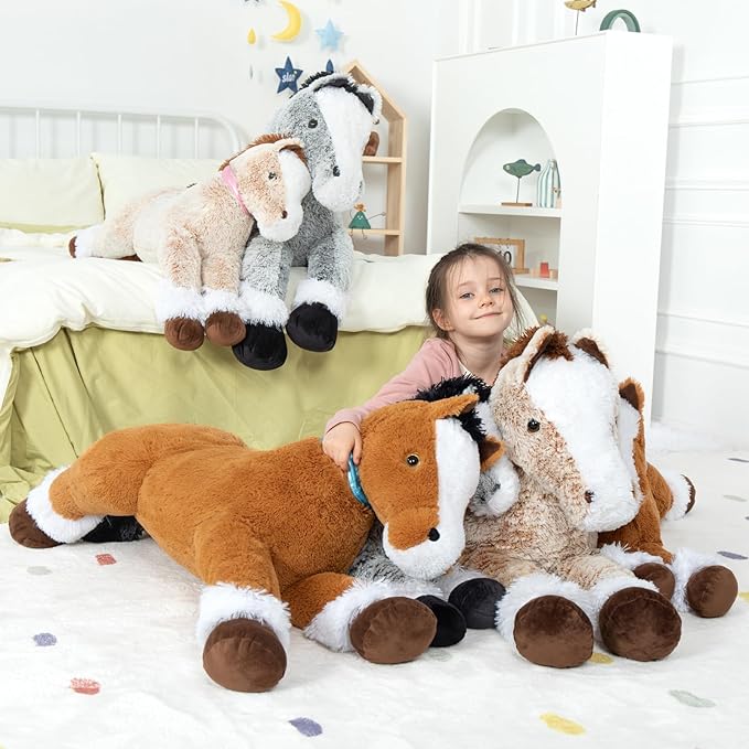 MaoGoLan Large Horse Stuffed Animal for Boy, Big Horse Plush Toy for Girl, Ridable Stuffy Pony for Kids, Coffee Stuffed Pony Plush Pillow for Easter Baby Shower Birthday Party Favor Gifts, 33 inches