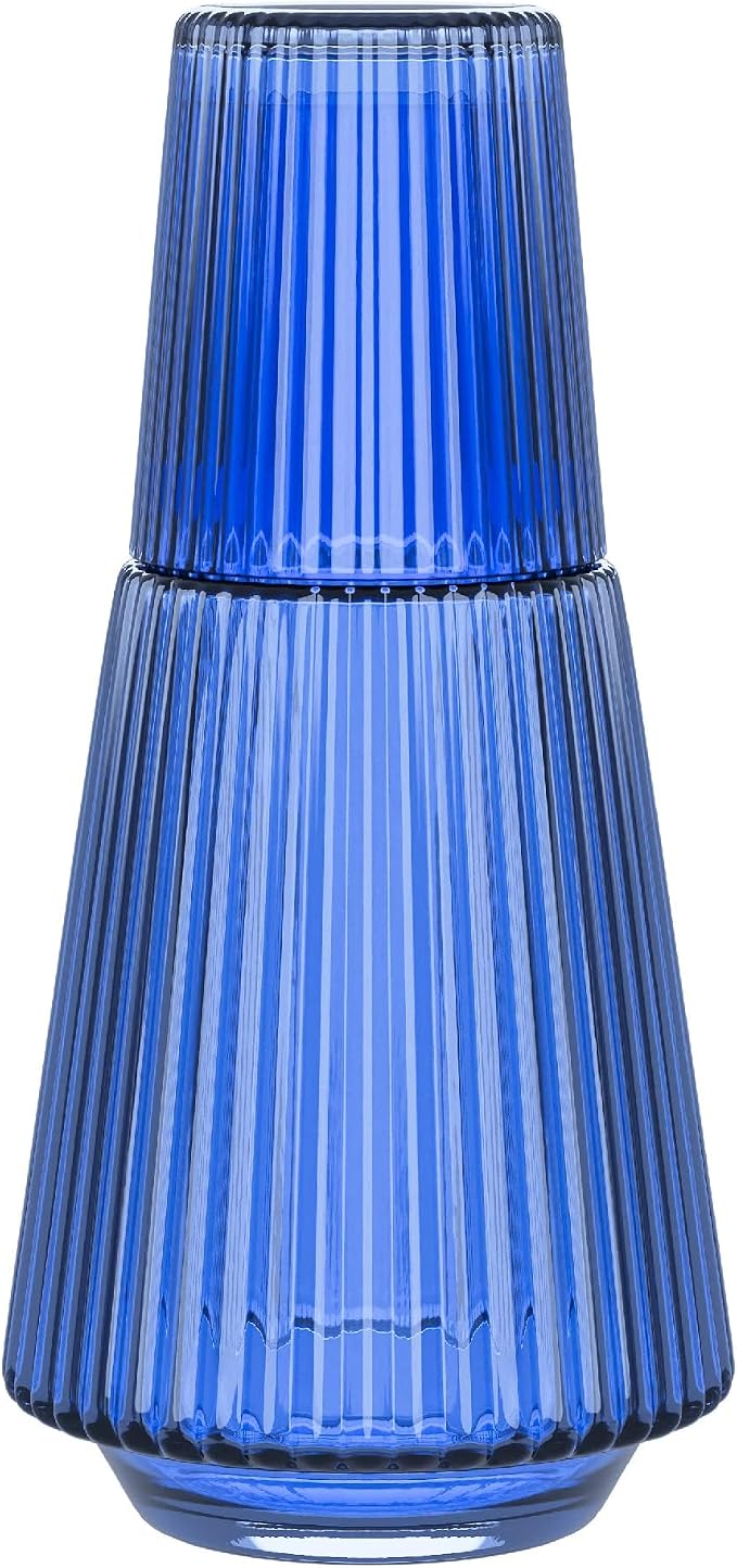 American Atelier 37 oz Vintage Bedside Water Carafe with Tumbler Lid – 9.25" Ribbed Glass Pitcher for Nightstand, Guest Room, Office, Functional & Stylish Drinkware for Daily Use (Blue)