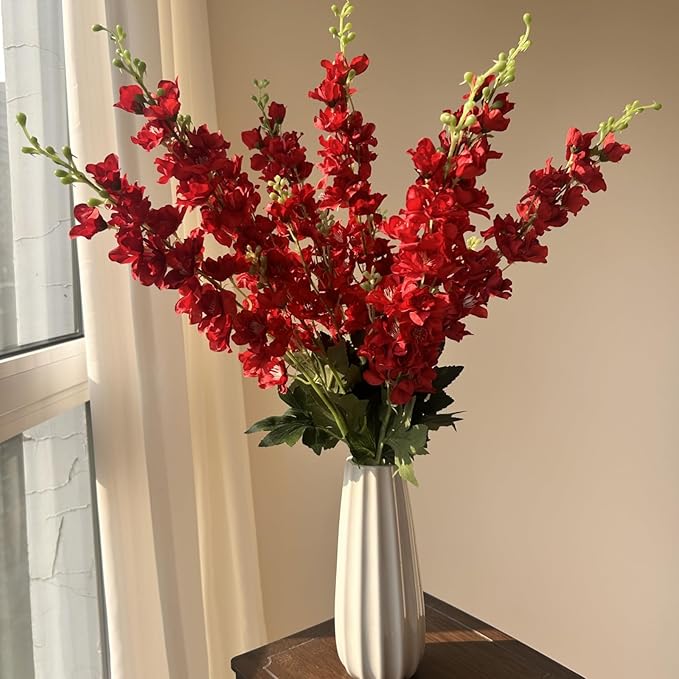 8 pcs Red Delphinium Artificial Flowers, 34.25''Artificial Snapdragon Flowers Tall Fake Flowers Silk Flowers Faux Delphinium Bulk for Tall Vase Home Wedding Garden Table Decor