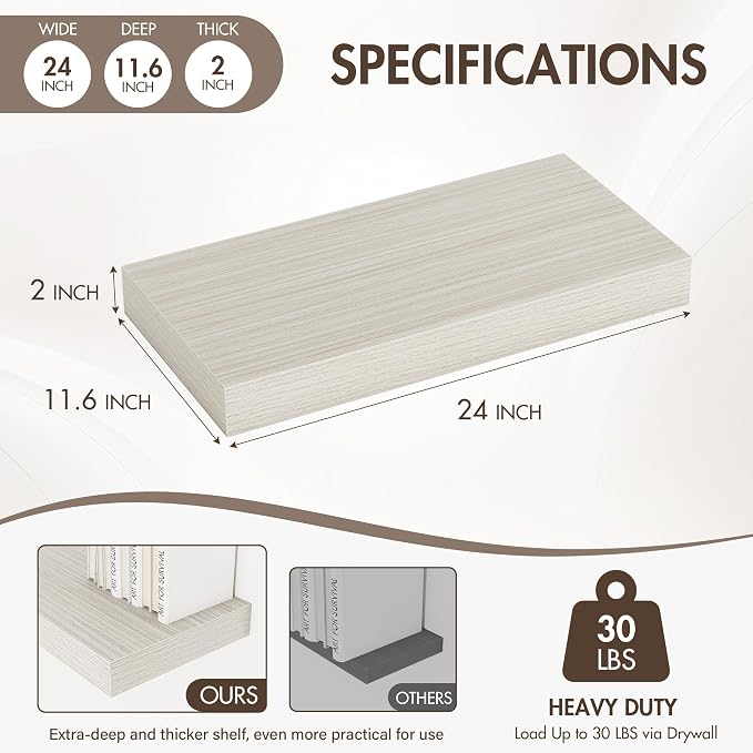 Acovy 24 Inch Floating Shelves, 12" Deep Floating Shelf Wall Mounted, 24" Wall Shelves, Rustic Deep Bookshelf, Extra Deeper & Thicker Display Shelves for Bedroom, Living Room, Gray, Set of 2