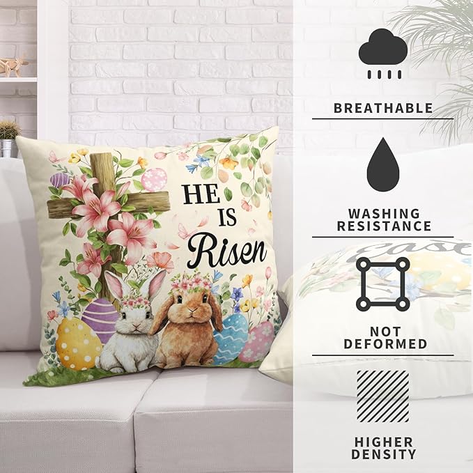 Happy Easter Bunny Pillow Covers Floral Cross He is Risen Throw Pillow Covers 18x18 Colorful Eggs Rabbit Pillow Cases Spring Wreath Cushion Cases for Home Farmhouse 2 Pack