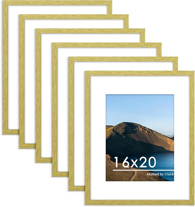 PEALSN 16x20 Picture Frame Set of 6, Display Pictures 11x14 with Mat or 16 x 20 without Mat for Wall Mounting Display, Poster Frames Collage for Wall Decor, Gold