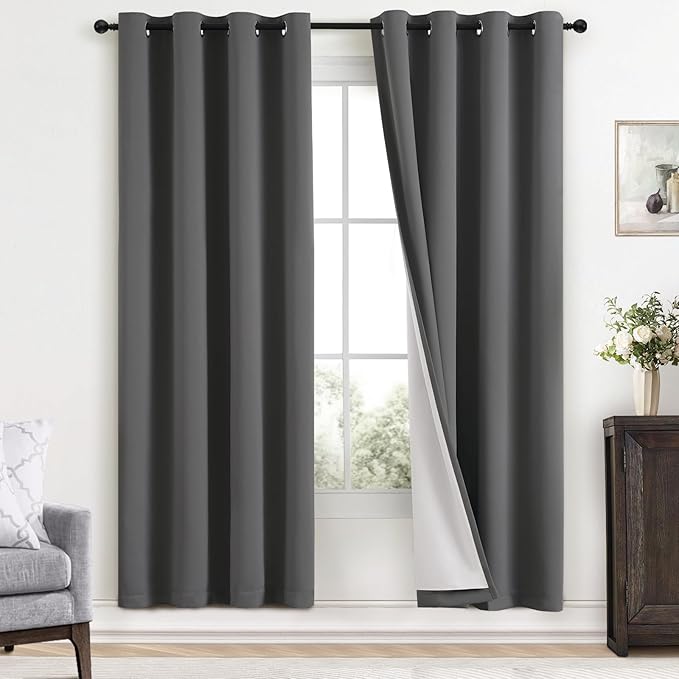 Yakamok Dove Grey 100% Blackout Curtains Grommet Window Treatments with 2 Thick Layers-Light Gray Room Darkening Thermal Insulated Drapes Set of 2 for Bedroom Living Room 52 Inches by 96 Inches length