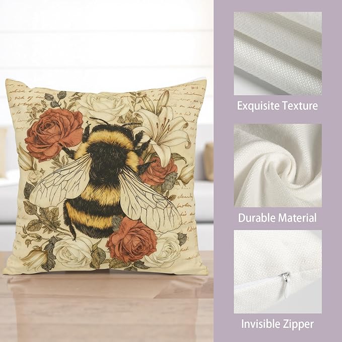 Set of 2 Vintage Bumblebee Pillow Covers 16x16 Honeybee with French Script and Flower Pillowcases Spring Summer Rustic Bee Throw Pillow Cover for Home Outdoor Farmhouse Decor