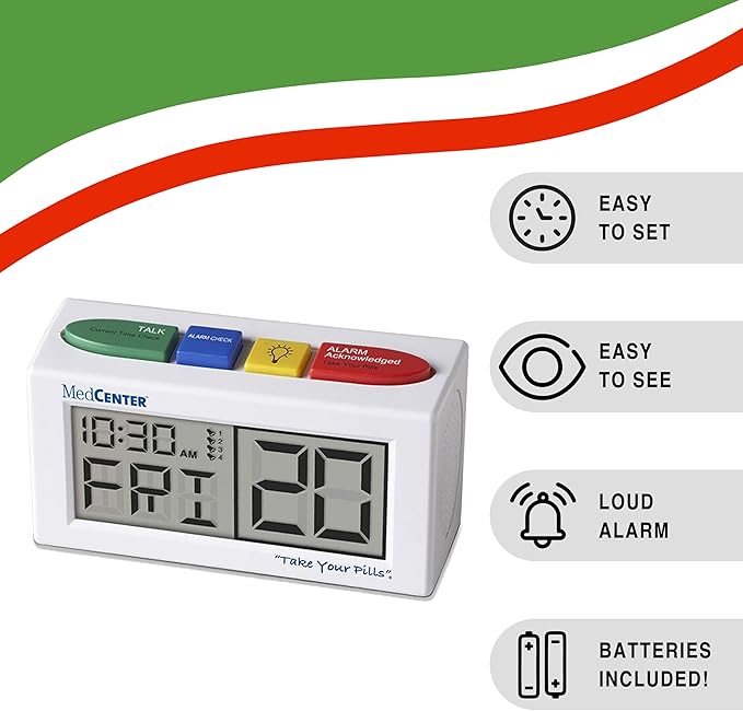 MEDCENTER Talking Alarm Clock HSA/FSA, Medication Pill Reminder Clock, Alarm Clock for Dementia, Hearing, Visually impaired Seniors-Digital Clock Ex Large White - Gift for Mom, Dad, Elderly, Seniors