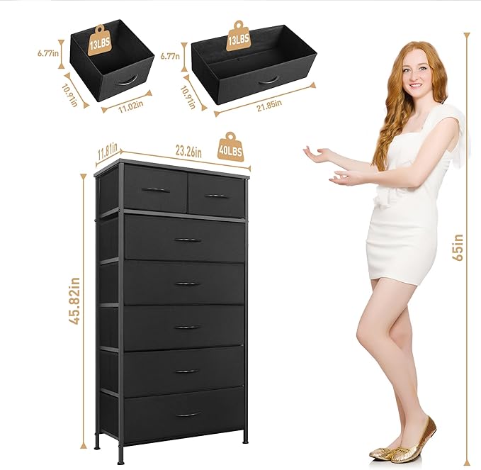 Mifuro Tall Dresser for Bedroom, Vertical Storage Organizer Tower with 7 Drawers, Chest of Drawers with Fabric Bins, Steel Frame, Wood Top for Bedroom, Closet, Entryway- Black