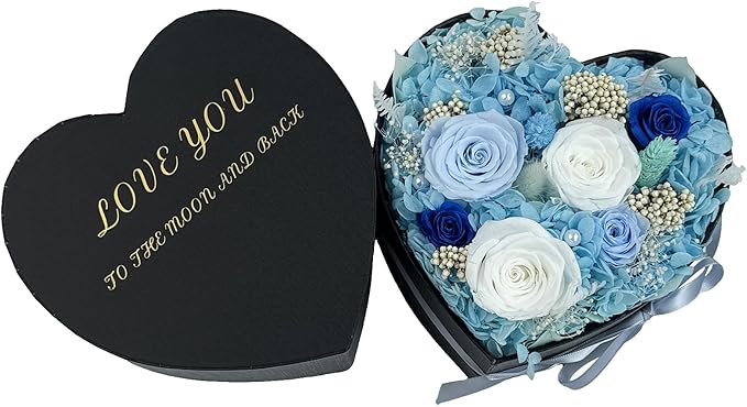 Preserved Roses Heart Shape Box Valentines Day Gifts for Her Mothers Day Forever Flowers (Multicolor-Blue, One Size)