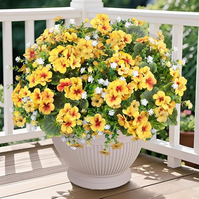 Ouddy Decor 18'' Artificial Geraniums Flowers for Outdoors, 10 Bundles Mixed Fake Silk Flowers Plastic Plants UV Resistant for Summer Garden Porch Patio Planter Home Decor, Yellow