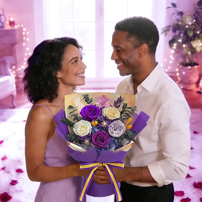 5 Pcs Glitter Purple Preserved Roses Flowers Bouquet, Forever Rose Flowers for Delivery, Birthday Gifts for Women, Long-Lasting Red Roses with Vase Gift Box, Forever Flowers for Wife Mothers Day