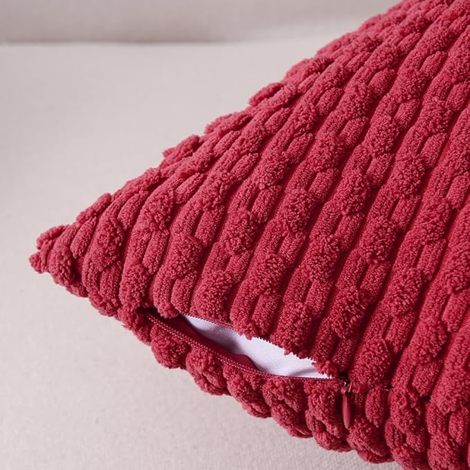 Fancy Homi 2 Packs Burgundy Decorative Throw Pillow Covers 20x20 Inch for Couch Bed Sofa, Modern Farmhouse Boho Home Decor, Soft Cute Plush Corduroy Wine Red Striped Cushion Case 50x50 CM