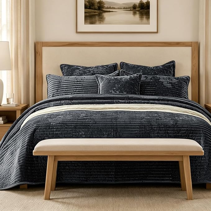 Luxury Velvet Oversized King 120x128 in Quilt Set 3 Piece Quilted Bedspread with 2Pillow Shams(20x36) Ultra Soft Coverlet All Season Bedding for Farmhouse Modern Bedroom Sofa,Grey Blue