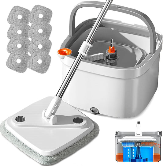 KZKR Spin Mop and Bucket Set with Self Separation Dirty and Clean Water System, Self Wringing 360° Rotating Square Mop Head for Home Floors Cleaning (1.0 Mop and Bucket Set (10 Pads))