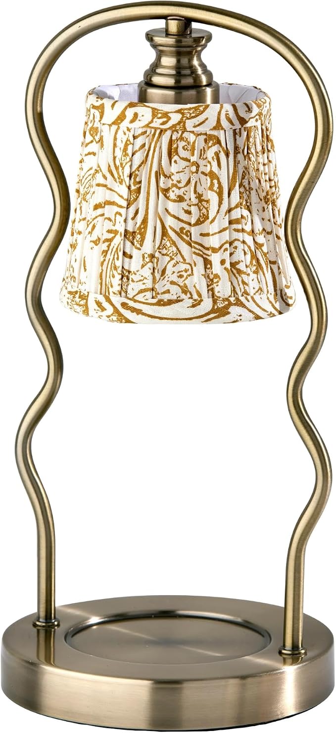Candle Warmer Lamp – Flameless Candle Melter with Adjustable Timer & Dimmable Light, Bulb Included, Antique Brass Base & Beige Floral Printed Shade, for Home, Dorm, or Office