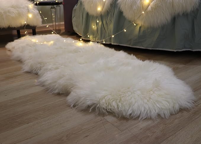 Woolous Genuine New Zealand Sheepskin Double Pelt Rug - Handmade Sheep Skin Runner Rug, Soft Thick Natural Bedside Area Rug for Bedroom and Living Room Decor, 2x6 ft | Real sheep skin runner rug, handmade soft thick natural double pelt sheepskin rug fo...