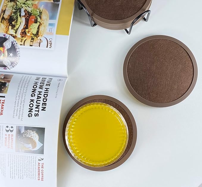 Absorbent Coasters for Drinks with Holder - 6packs, Silicone Coaster with Soft Felt Insert (4.3 inch Coasters with 4.5 inch Holder, Brown)