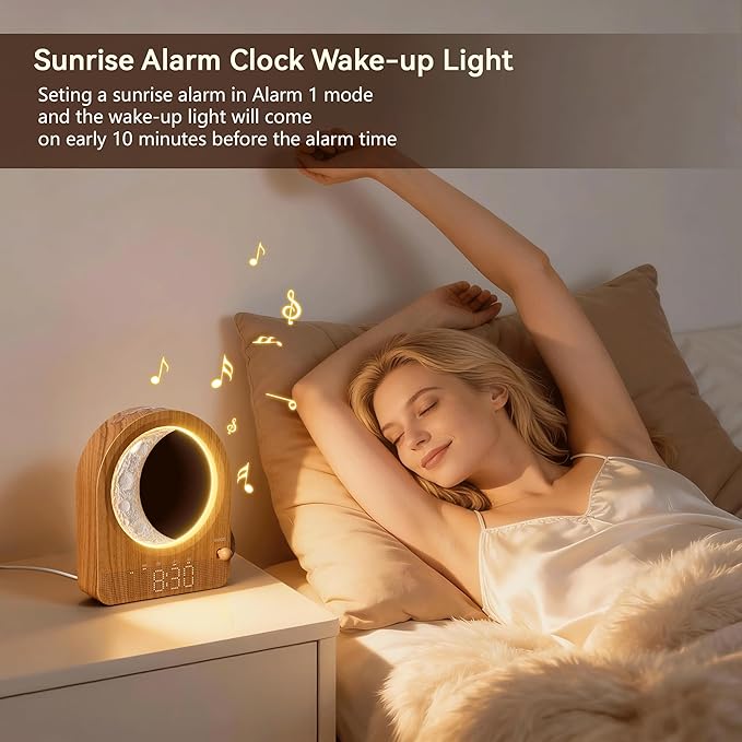 blonbar Sunrise Alarm Clocks with Dimmable Moon Lamp, 2 Alarm Clocks with 12Levels Volume for Heavy Sleepers, 10 Natural Sounds with 30/60/90mins Timer for Bedrooms, Gifts for Women (brown woodgrain).