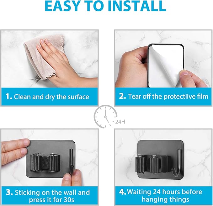homeasy Mop Broom Holder No Drill, Mop Broom Organizer Wall Mounted Heavy Duty with Hooks Hanger, Self Adhesive Stainless Steel 6Pcs for Bathroom, Kitchen, Office (Black)