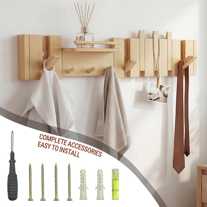 Mid Century Modern Walnut Foldable Entryway Wall Coat Hanger Hook with Shelf,Heavy Duty Wooden Piano Hidden Towel Hooks for Bathroom,Wall Rack for Purse&Key&Mail,Home Decor (Natural, 9 Hooks)