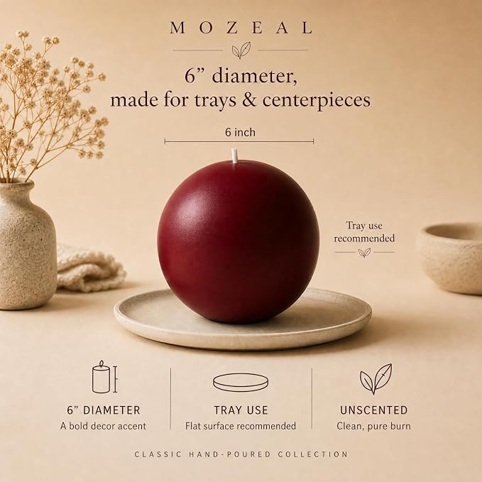 MOZEAL Hand-Poured, 6 Inch Dark Red Large Round Ball Candles - Elegant Dark Red Round Pillar Candles, Dripless, Unscented, Smokeless, Ideal for Intimate Gatherings.