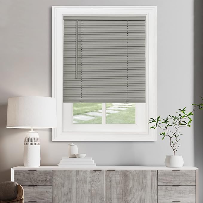 Cordless Light Filtering Mini Blind - 26 Inch Width, 64 Inch Length, 1" Slat Size - Grey - Cordless GII Morningstar Horizontal Windows Blinds for Interior by Achim Home Decor