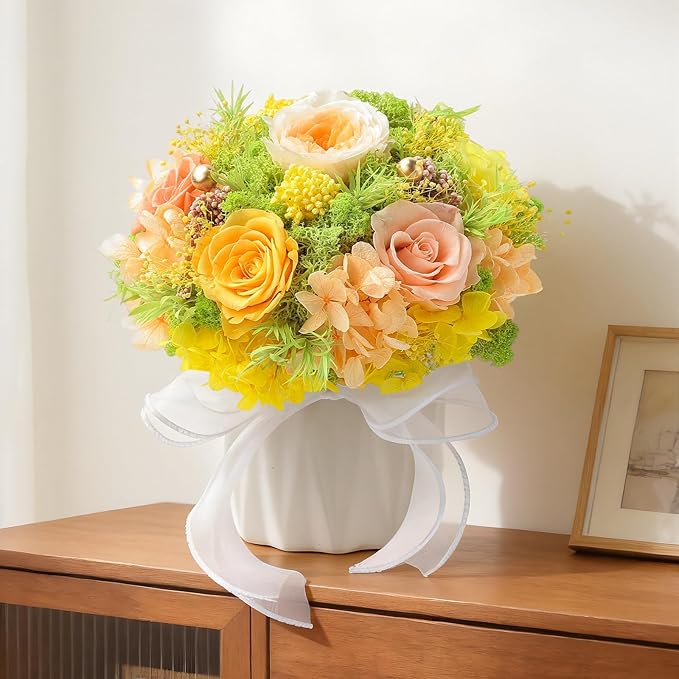 Preserved Flower Bouquet with Vase for Delivery Prime, Natural Forever Rose (Yellow & Champagne Eternal Floral Arrangement)