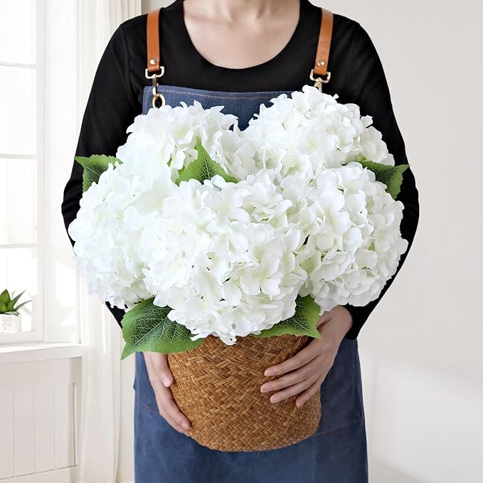 JINWOE White Silk Flowers Hydrangea Artificial Flowers, 5Pcs 20Inch Large Lifelike Faux Flowers, Full Fake Artificial Hydrangeas with Stems for Bouquet Table Centerpieces Home Decoration