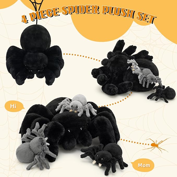 MorisMos 4Pcs Large Spider Plush, 16 Inch Mommy Spider Stuffed Animals with 3 Baby, Soft Cuddly Pillow Plush Gifts for Kids Boys Girls, Black