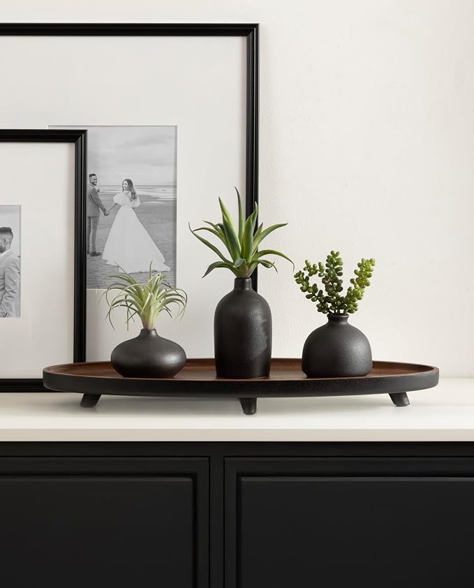 Kate and Laurel Tomaz Modern Decorative Mango Wood Oval Footed Tray, 23 x 7, Walnut Brown and Black, Transitional Food-Safe Wooden Coffee Table Tray with Elevated Design and Unique Oval Shape