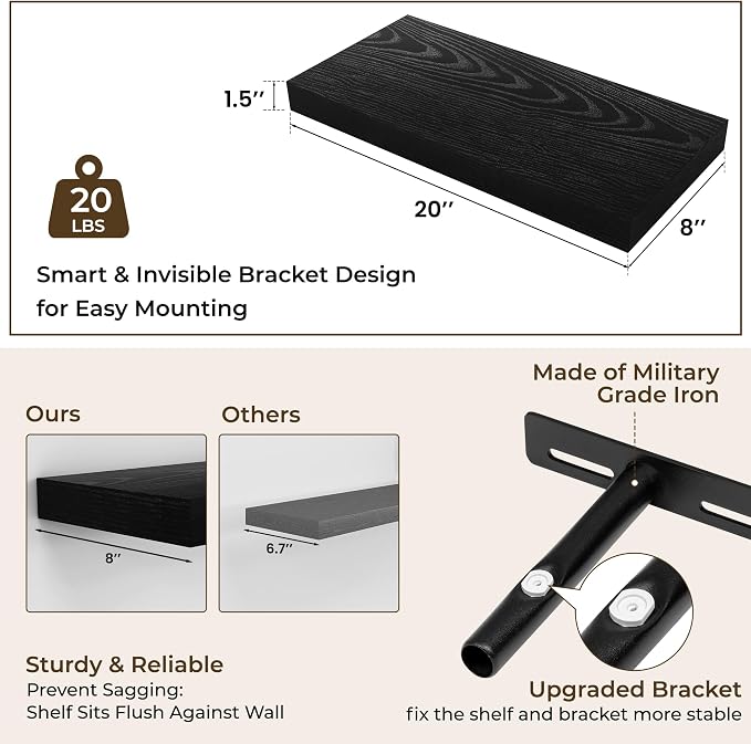 RICHFOCUS 20Inch Floating Shelves for Wall 2 Pack Shelves for Bedroom|Kitchen|Bathroom|Laundry Room Rustic Wood Wall Mounted Shelf with Invisible Brackets for Books|Storage|Decor, Black