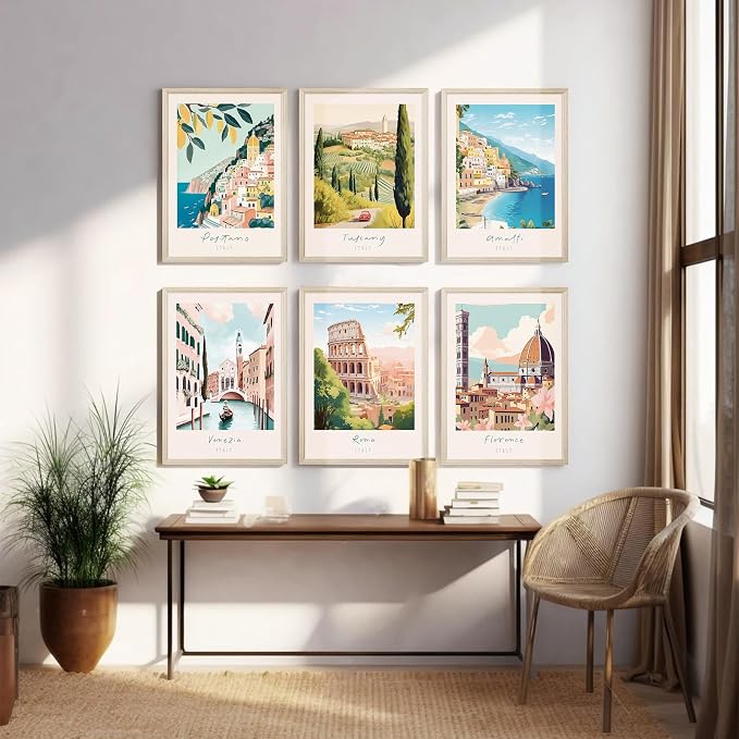 Italian Italy Wall Art Decor Amalfi Coast Travel Poster Italy City Canvas Wall Art Vintage Landscape Beach Painting Artwork Modern for Bedroom Living Room 12x16 Prints Wood Framed Set of 6