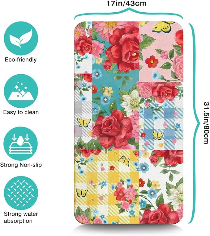 Coffee Mat 17inx31.5in, Multicolor, Modern, Floral Pattern, Absorbent, Anti-Slip, Waterproof, Machine Washable, Dish Drying Mat for Kitchen Countertops