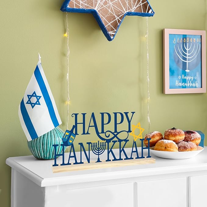 COCHIE Metal Happy Hanukkah Sign, Chanukah Menorah Turkey Table Centerpieces Decorations for Home, Office, Shelf, Mantel, Indoor, Jewish Festival Candles Party Supplies Decor (Hanukkah)