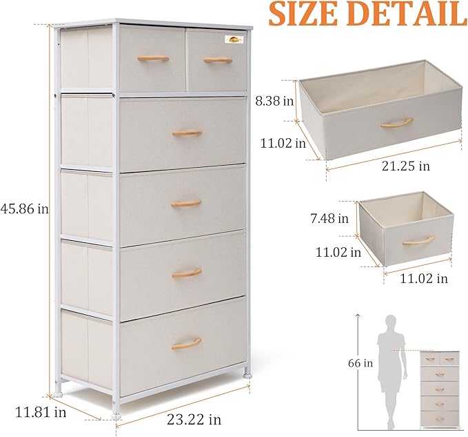 Fabric Dresser for Bedroom, Tall Skinny Dresser with 6 Drawers, Storage Organizer Tower, Steel Frame Wooden Top for Closet, Living Room, Hallway(Beige)