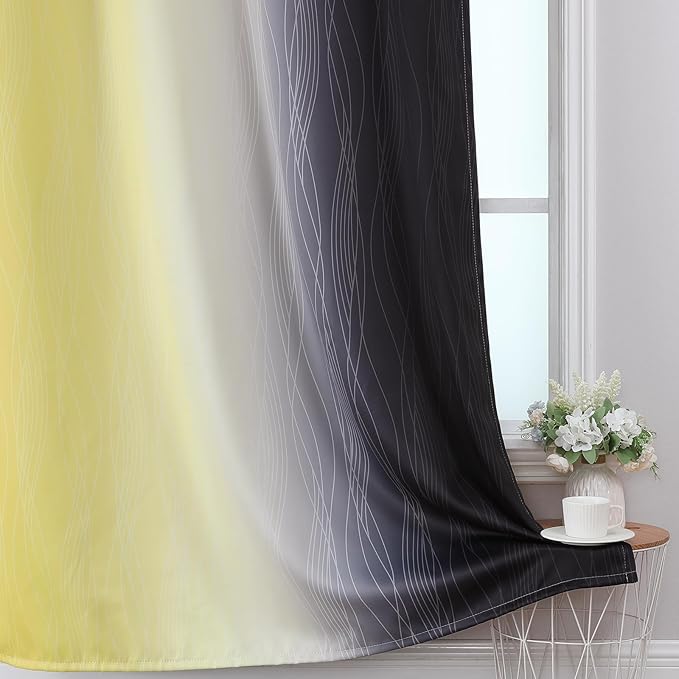 Estelar Textiler Yellow and Black Ombre Blackout Curtains for Bedroom, Full Room Darkening Grommet Curtains for Living Room, Thermal Insulated Light Blocking Gradient Drapes, 52Wx63L,2 Panels