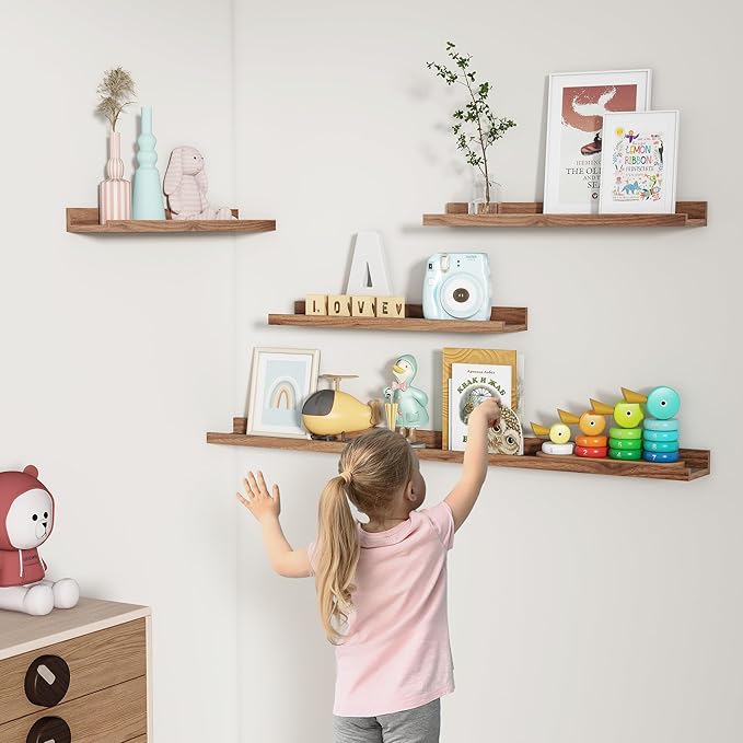 FLYJOE Picture Ledge Shelf, Floating Shelves Set of 2, 24 Inches Nursery Book Shelves for Toys Storage, Kids Bookshelf Wall Mounted for Living Room Bedroom Decor Books Photo Frames, Walnut
